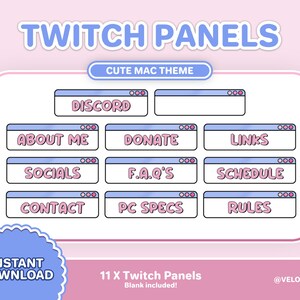 May include: Eleven blue and pink Twitch panels with rounded corners and white text. The panels include the words "Discord", "About Me", "Donate", "Links", "Socials", "F.A.Q's", "Schedule", "Contact", "PC Specs", and "Rules". The text "11 X Twitch Panels" and "Blank included!" are below the panels. The text "@VELOULA" is in the bottom right corner.