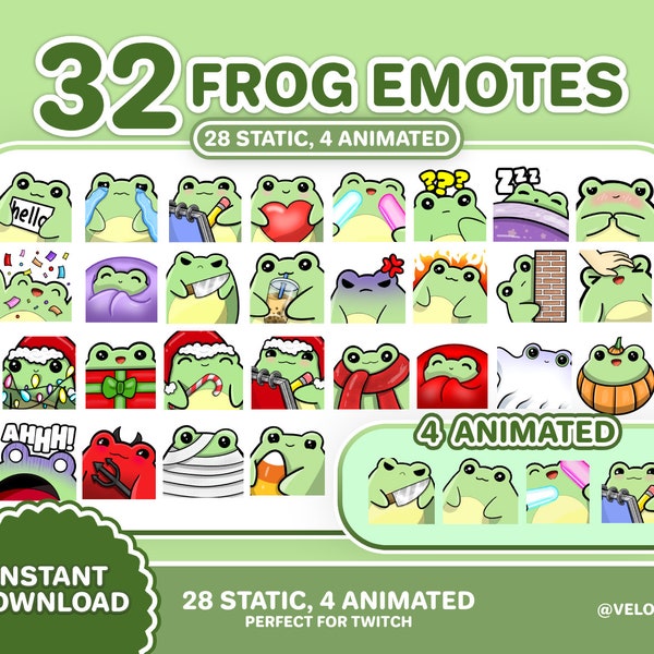 Twitch Frog Emotes / Conjunto de 32 / DESCARGA INSTANTE / Animado, estático y lindo Frog Animal Emotes para Streaming / VTuber activos y ayuda