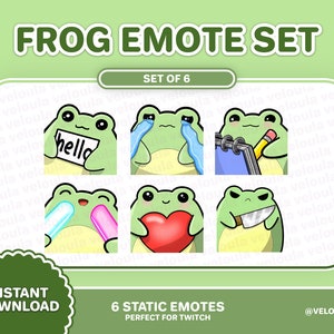 6 x Kawaii Frog Twitch Emotes -Kawaii, dancing, rave, noted, angry, knife, heart, sad frog emotes theme overlays