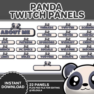 Peut inclure: Un ensemble de 22 panneaux Twitch personnalisables avec un design de panda mignon. Les panneaux incluent des options pour "À propos de moi", "Threads", "Twitter", "Planning", "Boutique", "TikTok", "Contact", "Kofi", "Patreon", "Sponsors", "Liste de souhaits", "Crédits", "Marchandise", "Spécifications PC", "Réseaux sociaux", "Bienvenue", "Discord", "Liens", "Règles", "YouTube", "Faire un don" et "Instagram".