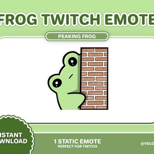 Puede incluir: Una rana de dibujos animados verde asomándose por encima de un muro de ladrillos. El texto "PEAKING FROG" está encima de la imagen. El texto "1 STATIC EMOTE PERFECT FOR TWITCH" está debajo de la imagen. El texto "@VELOULALA" está en la esquina inferior derecha.
