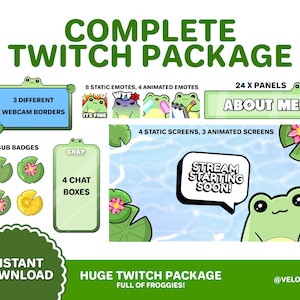 Può includere: Un pacchetto Twitch completo con grafica a tema rana. Include 3 bordi per webcam, 8 emoji statici, 4 emoji animati, 4 badge di abbonamento, 4 caselle di chat, 24 pannelli, 4 schermate statiche e 3 schermate animate. Il pacchetto è disponibile per il download immediato. Il testo "COMPLETE TWITCH PACKAGE" e "HUGE TWITCH PACKAGE FULL OF FROGGIES!" è visualizzato sull'immagine. Il testo "@VELOULA" è anche visualizzato sull'immagine.