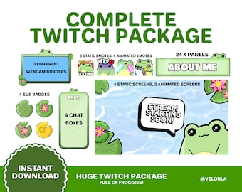 Animated Frog Overlays Full Package for Twitch - Panels, scenes, emotes, chat box, webcam border, sub badges - everything you need