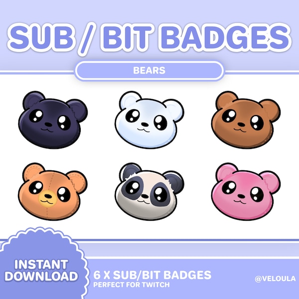 Bear Twitch Badges | INSTANT DOWNLOAD | Kawaii Teddy, Panda and Polar Bear Sub Bit Badges | Animal Twitch Sub Badges | Twitch Custom Badges