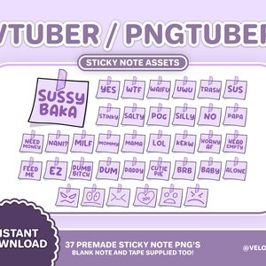 37 VTuber / PNGTuber Sticky Note Assets | Streamer Setup | Twitch Channel Points | Funny Stream overlays | Kawaii Purple Vtubing | Live2D