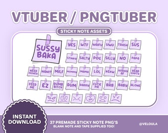 37 VTuber / PNGTuber Sticky Note Assets | Streamer Setup | Twitch Channel Points | Funny Stream overlays | Kawaii Purple Vtubing | Live2D