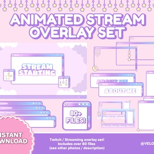 May include: Animated Twitch stream overlay set with a pastel pink and purple color scheme. The set includes a "Stream Starting" screen, a "About Me" screen, and several other screens for displaying recent followers, subscribers, and donations. The set also includes a variety of animated elements, such as stars, clouds, and moons. The text "80+ Files!" is displayed on a purple and blue screen. The text "Instant Download" is displayed on a pink circle. The text "@VELOULA" is displayed in the bottom right corner of the image.