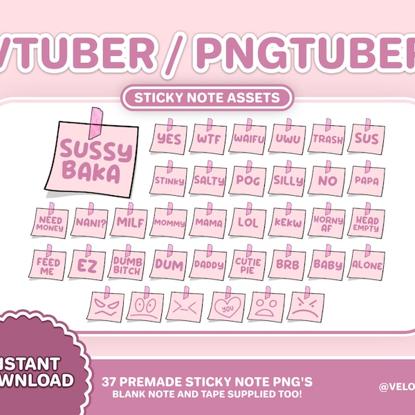 37 VTuber / PNGTuber Sticky Note Assets Pink | Streamer Setup | Twitch Channel Points | Funny Stream overlays | Kawaii Vtubing | Live2D