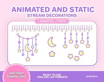 Animated Stream Decorations | VTuber / PNGTuber | Cute | Aesthetic | Moon, Stars | Streaming Overlays |  Pastel Pink Purple Blue