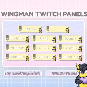 Puede incluir: Un conjunto de 10 paneles de Twitch con un personaje de dibujos animados amarillo y negro con un corazón rosa. Los paneles están etiquetados con texto como "Reglas", "Contacto", "Enlaces", "Redes sociales", "Discord", "Preguntas frecuentes", "Especificaciones de PC", "Horario", "Donar" y "Acerca de mí".