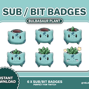 6x Bulbasaur Twitch Sub Badges / Succulent Planter Bit Badges / Plant Pot / Kawaii / Streamer / Stars