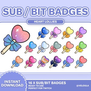 May include: A set of 16 digital Twitch sub and bit badges featuring heart-shaped lollipops with glitter and a bow. The text "HEART LOLLIES" is at the top of the image. The text "INSTANT DOWNLOAD" is in a circle at the bottom left of the image. The text "16 X SUB/BIT BADGES" is at the bottom center of the image. The text "READY TO USE" is below the text "16 X SUB/BIT BADGES". The text "PERFECT FOR TWITCH" is below the text "READY TO USE". The text "@VELOULA" is at the bottom right of the image.