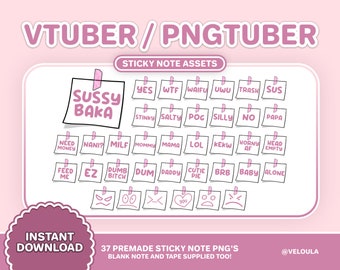 37 VTuber / PNGTuber Sticky Note Assets Pink White | Streamer Setup | Twitch Channel Points | Funny Stream overlay | Kawaii Vtubing | Live2D