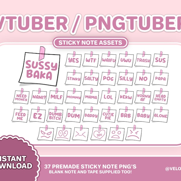 37 VTuber / PNGTuber Sticky Note Assets Pink White | Streamer Setup | Twitch Channel Points | Funny Stream overlay | Kawaii Vtubing | Live2D