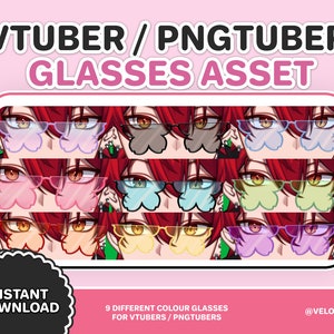 May include: Nine different colored glasses with a flower shape. The glasses are on a red background with a white border. The text "VTUBER/PNGTUBER GLASSES ASSET" is at the top of the image. The text "INSTANT DOWNLOAD" is in a circle at the bottom left of the image. The text "9 DIFFERENT COLOUR GLASSES FOR VTUBERS/PNGTUBERS" is at the bottom center of the image. The text "@VELOULA" is at the bottom right of the image.