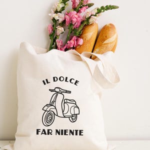 Vintage Italian Scooter Vespa Tote Bag Gift for Italy Lover Dolce Far Niente Italian Saying Eco-Friendly Shopping Bag, Gift for Mom