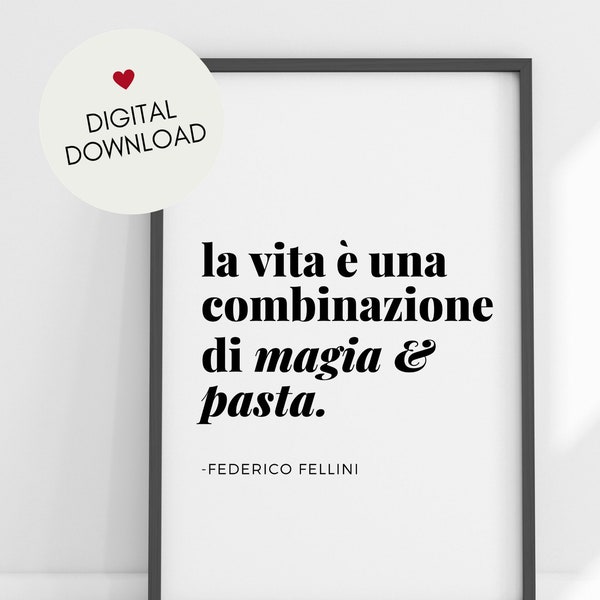 Magic & Pasta Art Instant Download Fellini Quote in Italian Minimalist Wall Decor