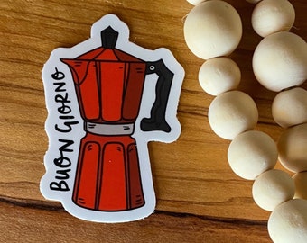 Red Moka Pot Sticker: Buongiorno Italian Coffee, Laptop Decal
