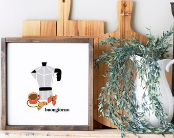 Buongiorno Art Print (Moka Coffee Pot Art - Gift for Italy lovers - Italy themed Art Prints - Moka Pot Wall Art - Food Themed Art print)