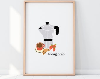 Buongiorno Art Print (Gift for Italy lovers - Italy themed Art Prints - Moka Pot Wall Art - Food Themed Art print)