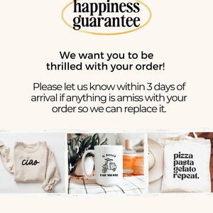 May include: Three different Italian-themed products: a beige sweatshirt with the word "ciao" in black, a white mug with a black and white illustration of a scooter and the text "IL DOLCE FAR NIENTE", and a white tote bag with the text "pizza pasta gelato repeat."