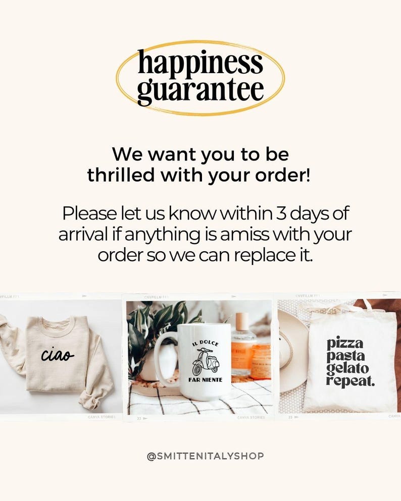 May include: Three different Italian-themed products: a beige sweatshirt with the word "ciao" in black, a white mug with a black and white illustration of a scooter and the text "IL DOLCE FAR NIENTE", and a white tote bag with the text "pizza pasta gelato repeat."