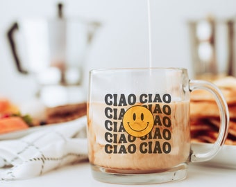 Ciao glass coffee mug, Retro Smiley face mug, Italy coffee Mug, Italian Saying Coffee Mug, Gift for Italy lovers