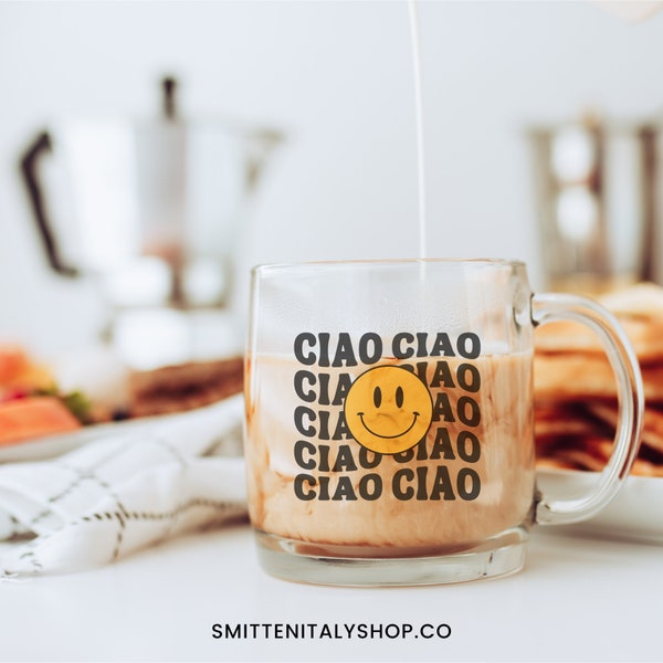 Ciao Glass Coffee Mug, Smiley face retro Italy themed mug, Italian Saying Coffee Mug, Gift for Italy lovers, Italy gift for best friend