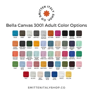 May include: Color chart showing 36 different color options for Bella Canvas 3001 adult t-shirts. The colors are arranged in rows and columns, with the names of each color listed below.