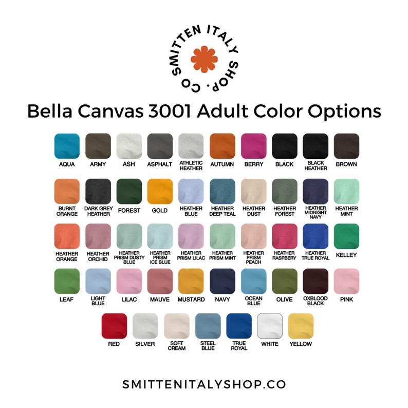 May include: Color chart showing 36 different color options for Bella Canvas 3001 adult t-shirts. The colors are arranged in rows and columns, with the names of each color listed below.
