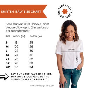 May include: Size chart for Bella Canvas 3001 Unisex T-Shirt. The chart shows the width and length in inches for sizes S through 4X. The chart also includes instructions on how to measure your favorite shirt for the best fit.