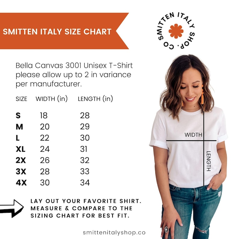 May include: Size chart for Bella Canvas 3001 Unisex T-Shirt. The chart shows the width and length in inches for sizes S through 4X. The chart also includes instructions on how to measure your favorite shirt for the best fit.