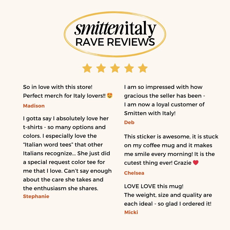 May include: Five customer reviews for a shop called "Smitten with Italy". The reviews are positive and mention the shop's merchandise, customer service, and products. The reviews include phrases like "perfect merch for Italy lovers", "gracious seller", "so many options", "special request color tee", "awesome sticker", "cutest thing ever", "love love this mug", "ideal - so glad I ordered it".