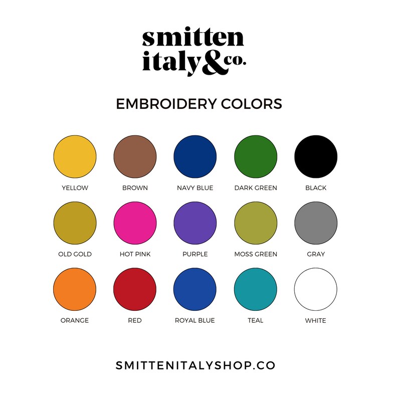 May include: A color chart showing 15 different embroidery thread colors. The colors are: yellow, brown, navy blue, dark green, black, old gold, hot pink, purple, moss green, gray, orange, red, royal blue, teal, and white.