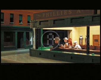 Brickhawks: Kunstdruck von Edward Hopper's Nighthawks als Lego (R) Installation, Format A1
