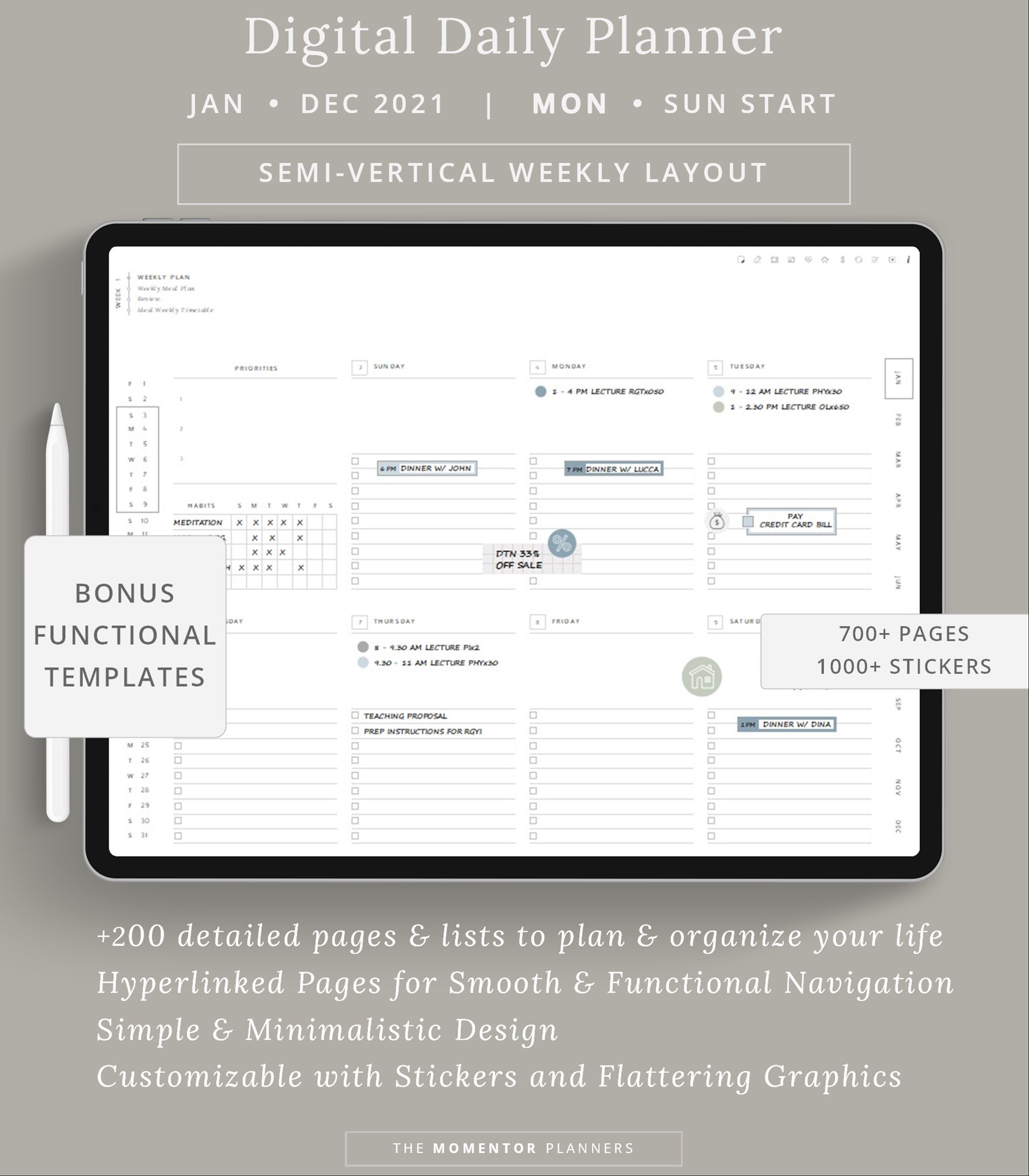 Digital Daily Planner dated for 2021 Wider vertical Daily Etsy