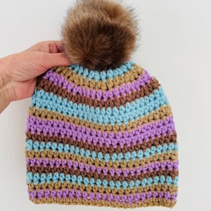 Hat, crochet hat, size 50/55 cm, myboshi style, pink, brown, light blue, with some glitter and faux fur pompom, wool, polyacrylic