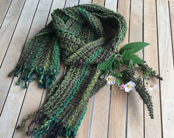 Scarf, hand-woven, silk, mohair, wool, length 158 cm, width 26 cm, different shades of green and brown, unique