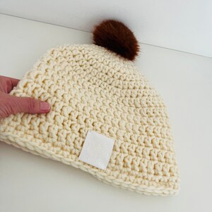 Hat with inner lining, crochet hat, size 50/55 cm, myboshi style, natural white, faux fur pompom, wool, polyacrylic