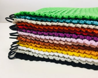 Pot holders, crocheted, 100% cotton, in rainbow colors, with rubber ring for hanging