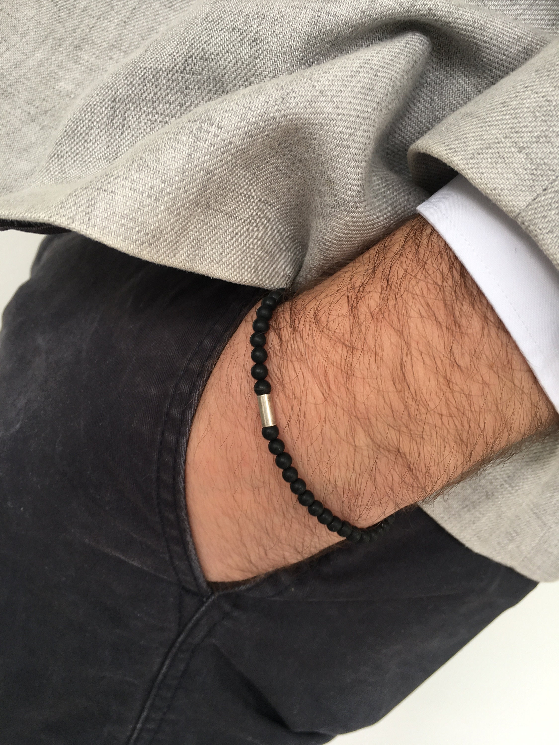 Bracelet, Men's Bracelet Made of Onyx, 6 Mm Beads, Silver