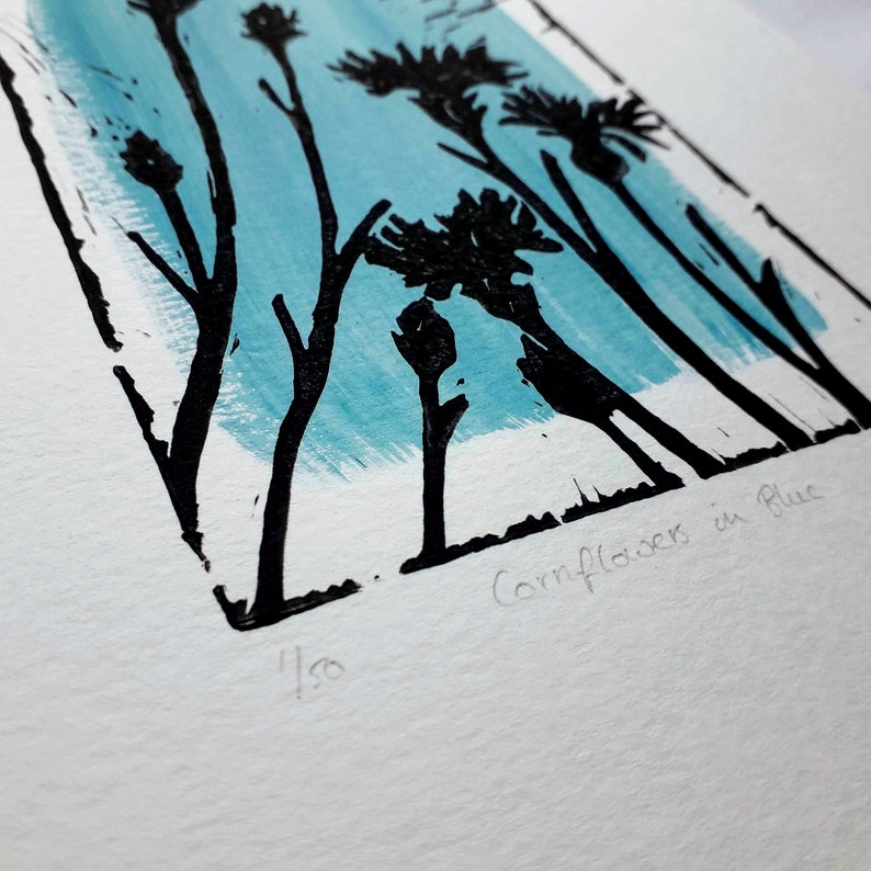 Cornflowers in Blue Lino Print