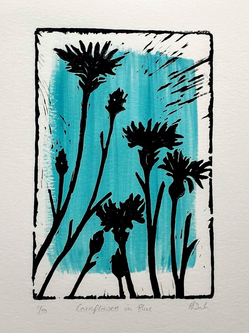 Cornflowers in Blue Lino Print
