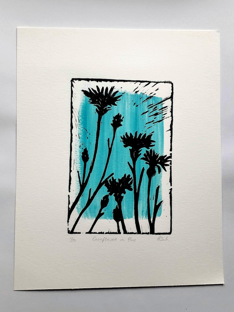 Cornflowers in Blue Lino Print