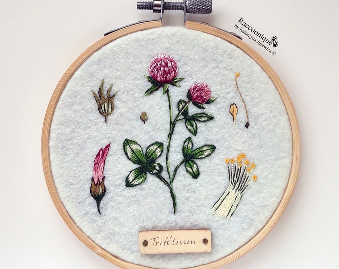 Botanical embroidery framed wall art hoop with red clover plant - nice gift for plant lady or nature lover