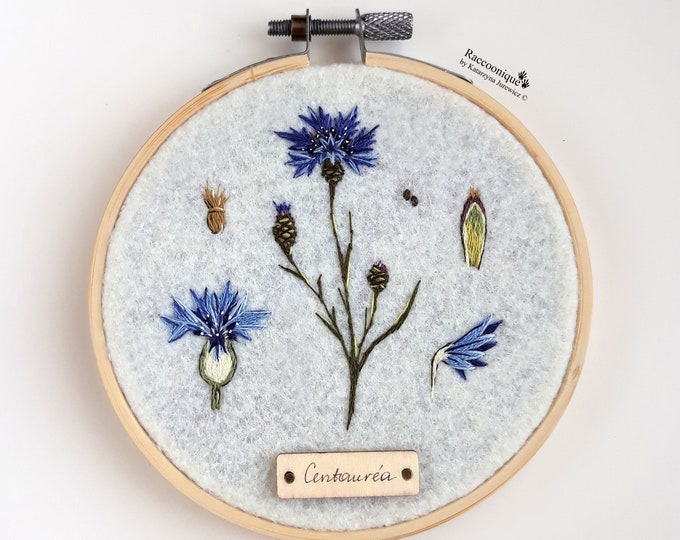 Finished hand embroidery hoop art - embroidered cornflower - best plant lover gift