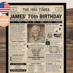Afiche de periódico para el 70.° cumpleaños, decoración imprimible para fiesta de 70.° cumpleaños, póster de cumpleaños que contiene noticias y momentos destacados de 1955 en EE. UU.