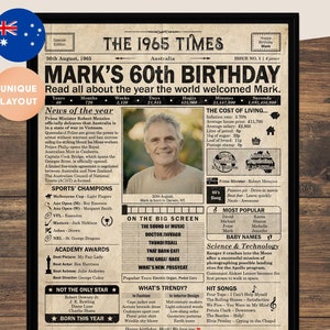 60th Birthday gift for mum or dad | Printable birthday decoration | 1965 Poster | Old newspaper design | Australia | Digital Download