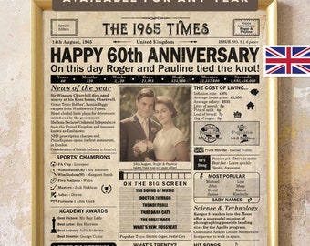 60th anniversary gift for parents or grandparents, 60 year anniversary, Printable poster containing news & events from 1965 in UK