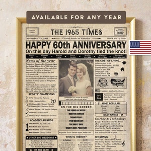 60th anniversary gift for parents or grandparents, 60 year anniversary, Printable poster containing news & events from 1965 in USA
